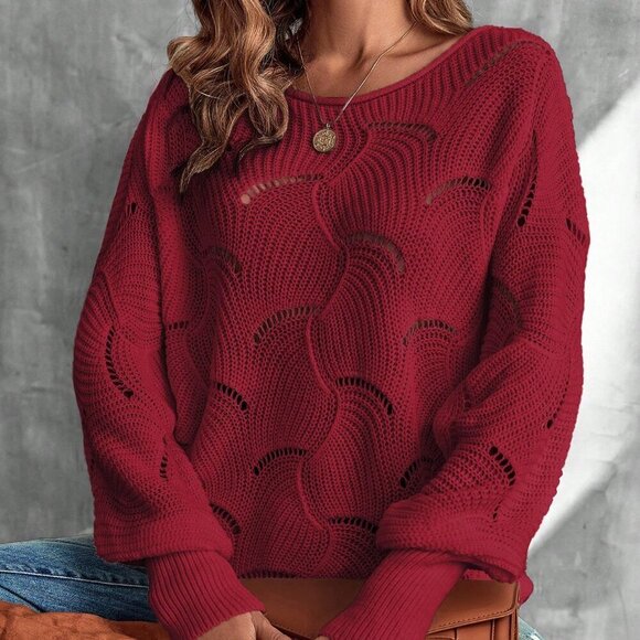 Burgundy Casual Women's Round Neck Drop Shoulder loose knit Sweater - Picture 6 of 7